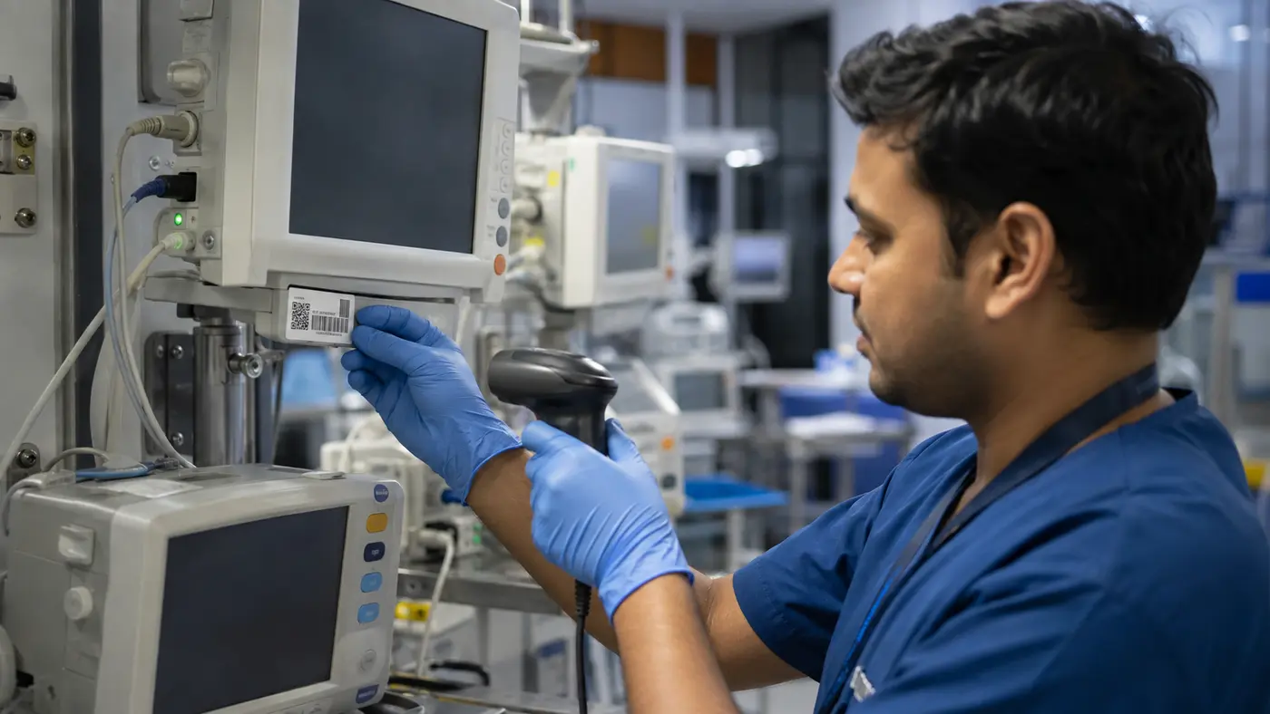 hospital medical equipment asset tag linked to warranty service and maintenance records