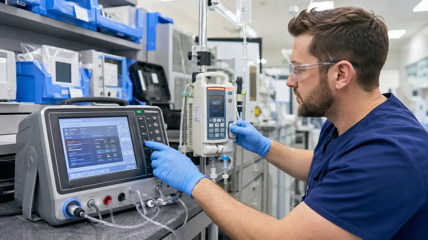 biomedical technician testing infusion pump performance and alarms