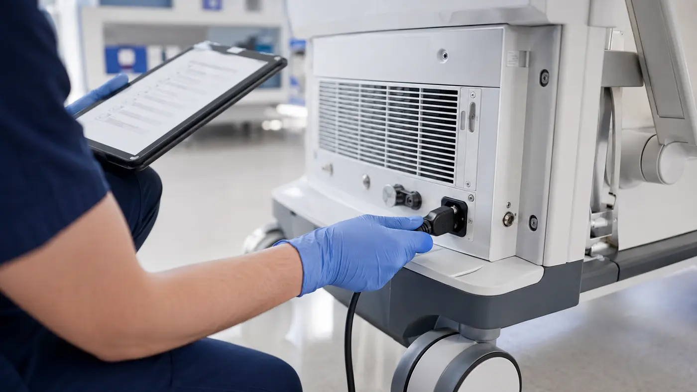 technician inspecting a medical device power connection and ventilation