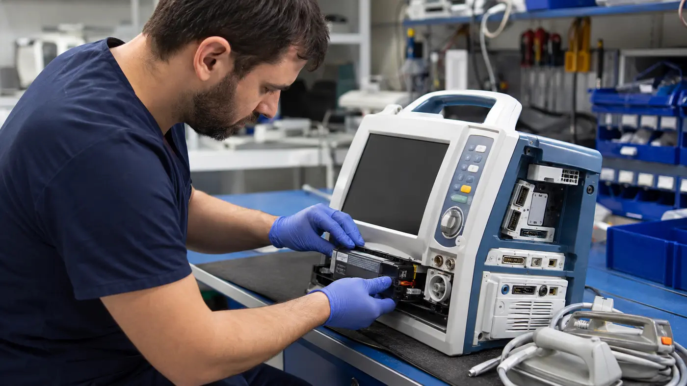 technician inspecting the battery and connectors of refurbished hospital equipment