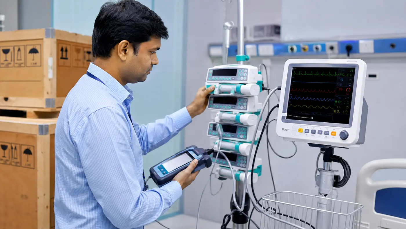 biomedical and facilities team checking a hospital room before equipment installation