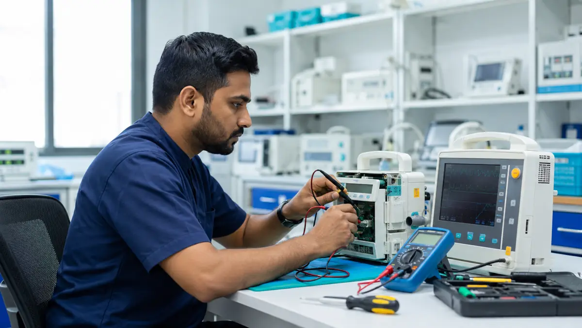 biomedical engineer reviewing a hospital medical equipment repair during warranty coverage