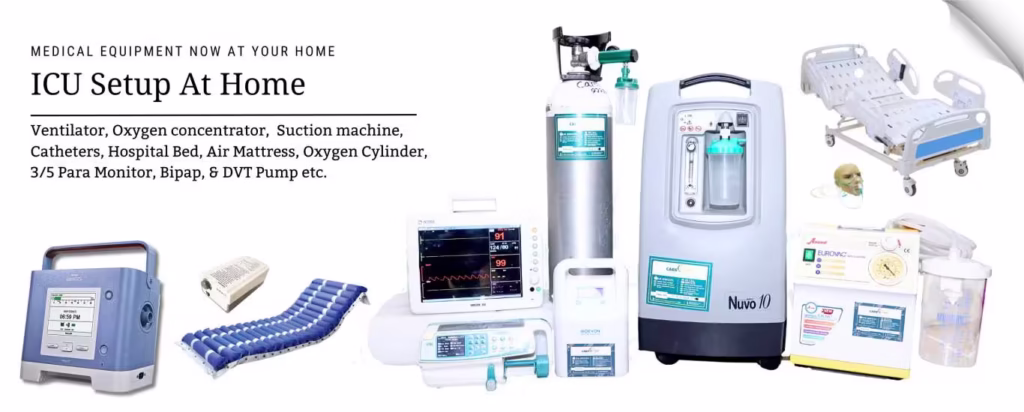 ICU medical equipment including patient monitor and oxygen concentrator in home setup