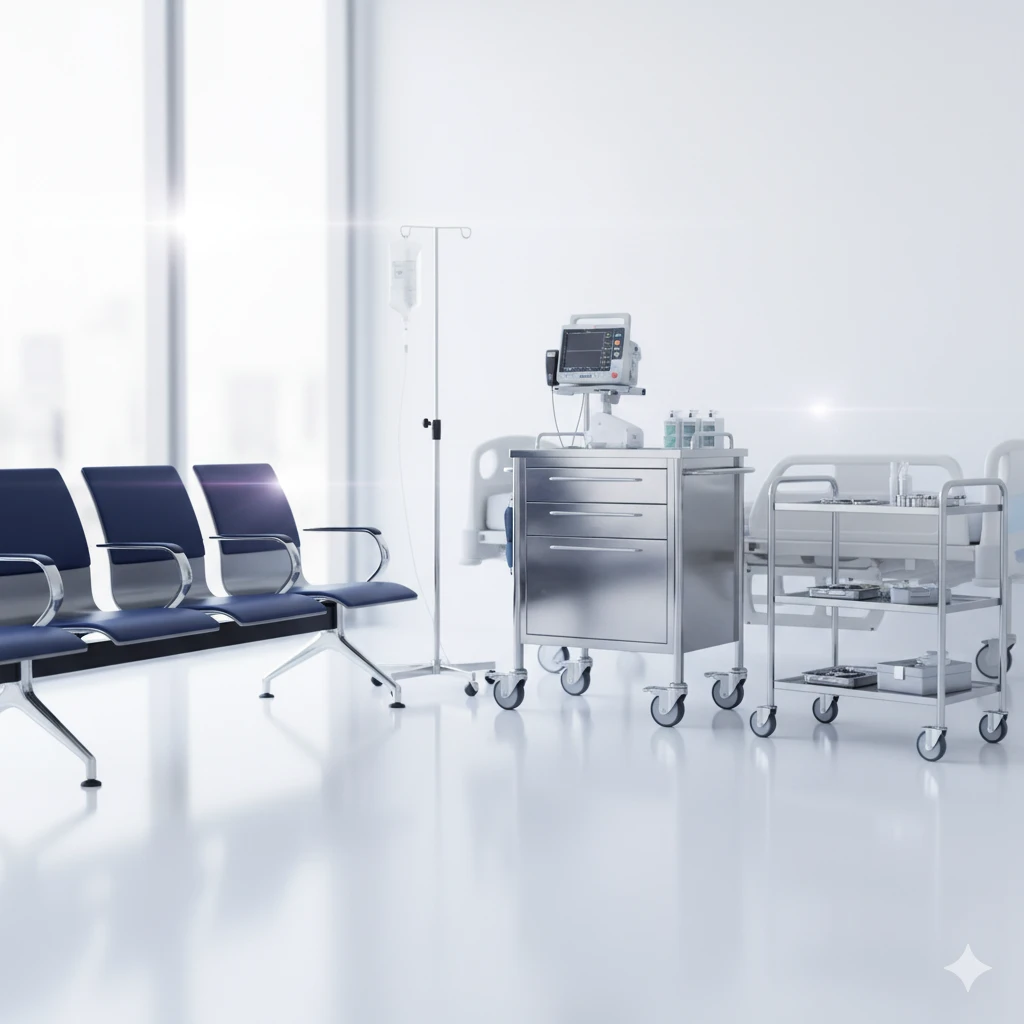 Hospital furniture: waiting chairs, crash cart, IV stands